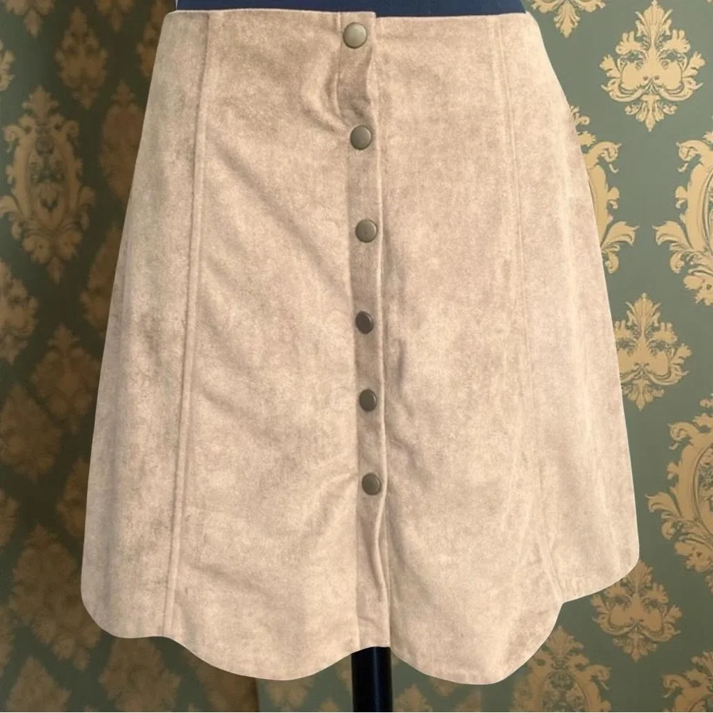 Blue Rain Vegan Suede Lined Scalloped Tan Mini Skirt